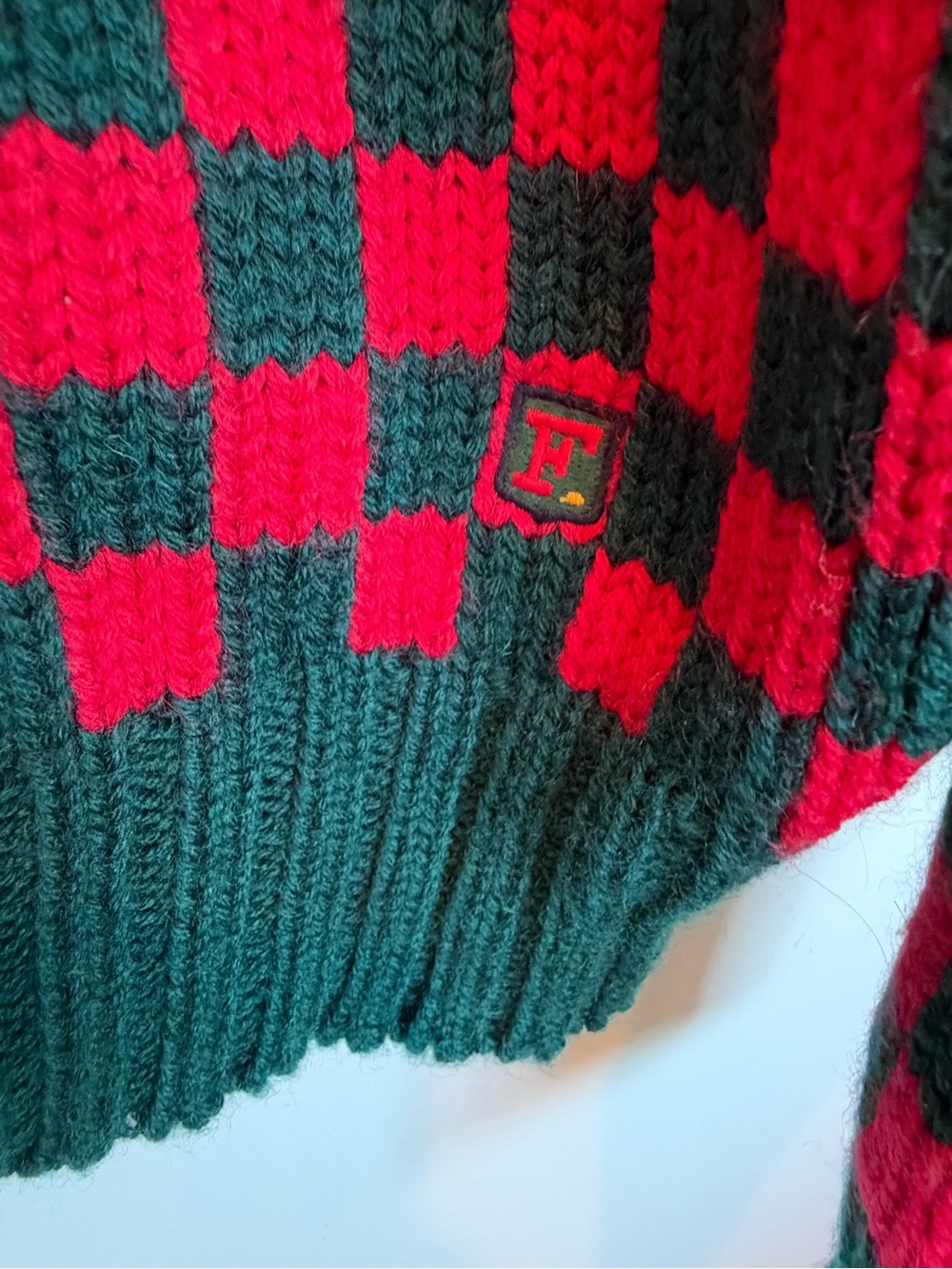 Faconnable Heavyweight Wool Red & Dark Green Checkerboard Crewneck Sweater - Picture 4 of 4